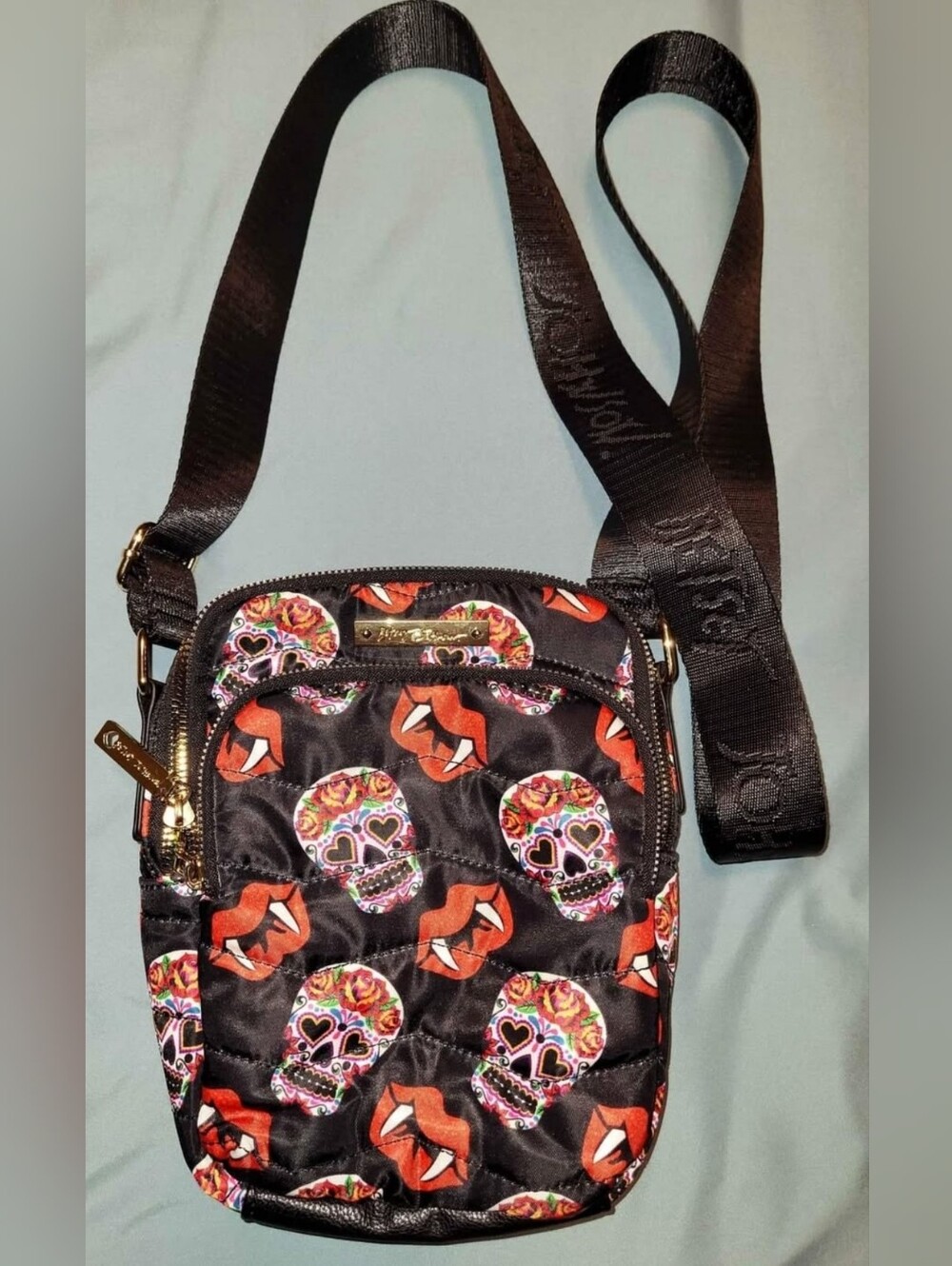 Betsey Johnson Black Crossbody with Multicolor Sugar Skulls and Red Lips